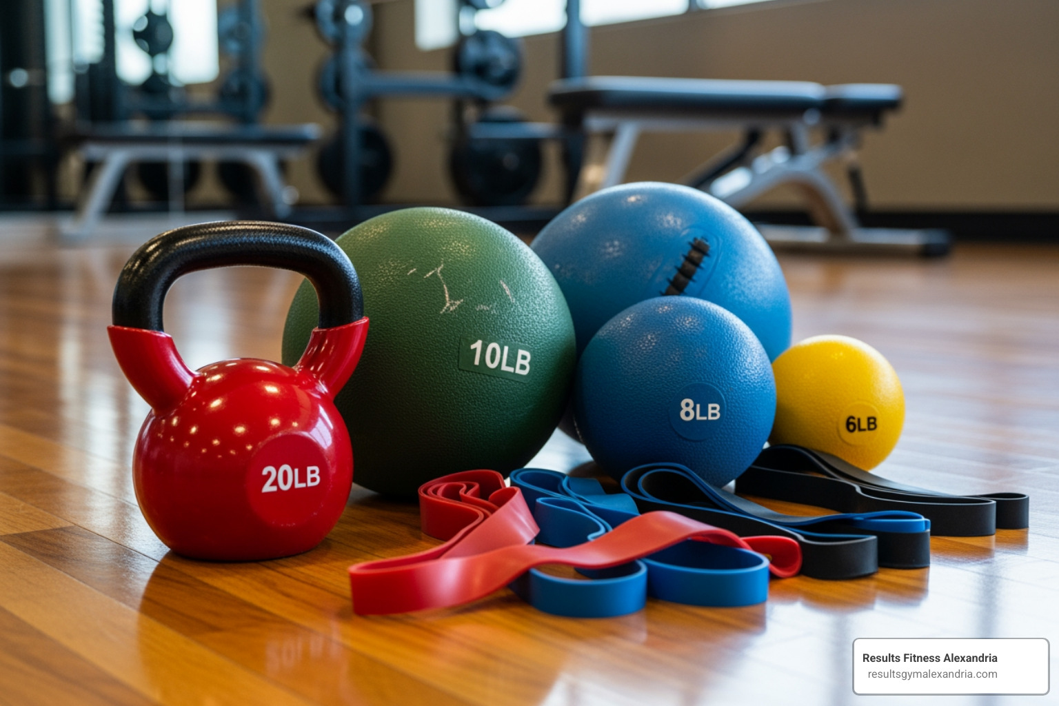 A collection of bootcamp equipment including kettlebells and medicine balls.