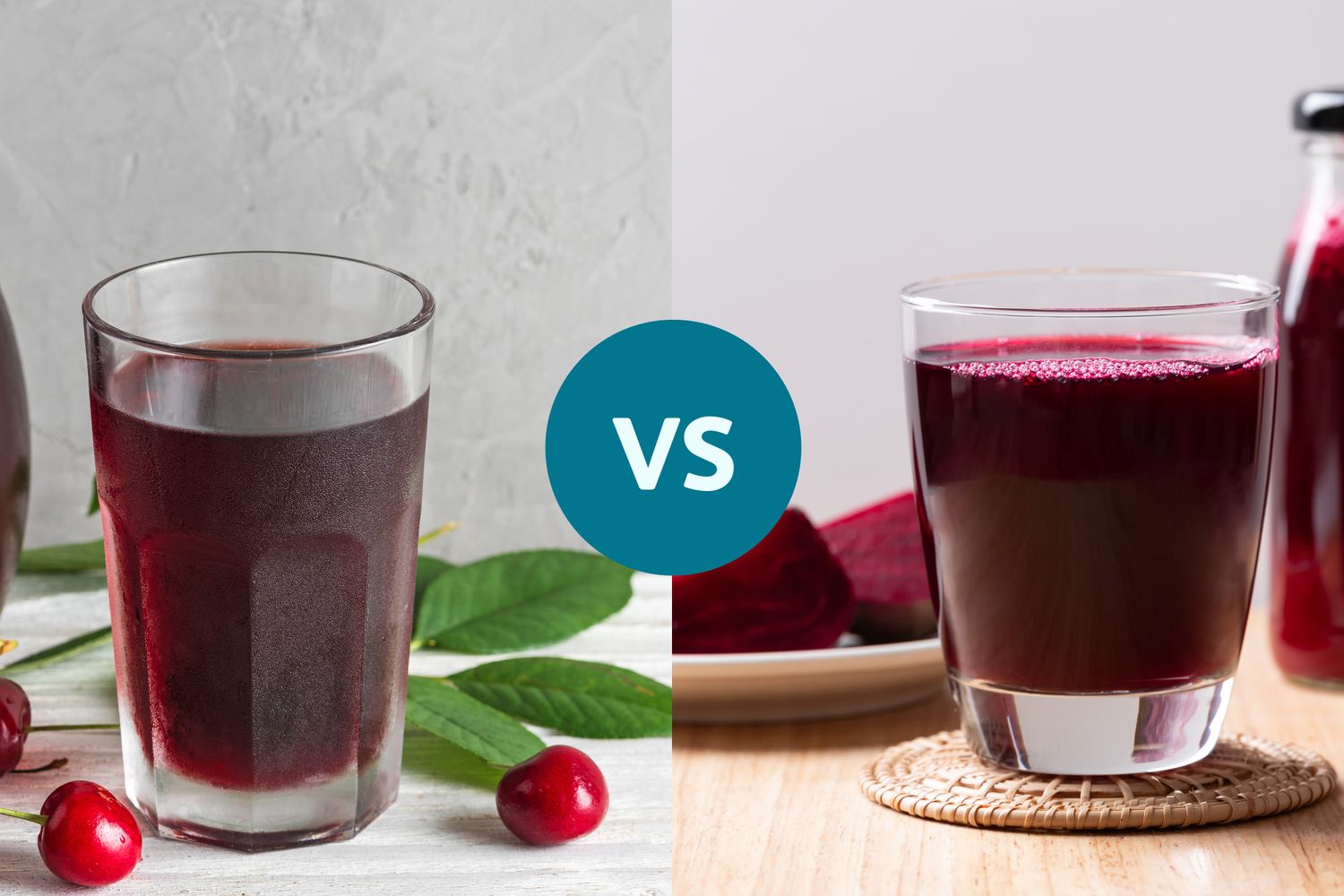 Side-by-side comparison of two glasses, one filled with dark beet juice and the other with tart cherry juice.