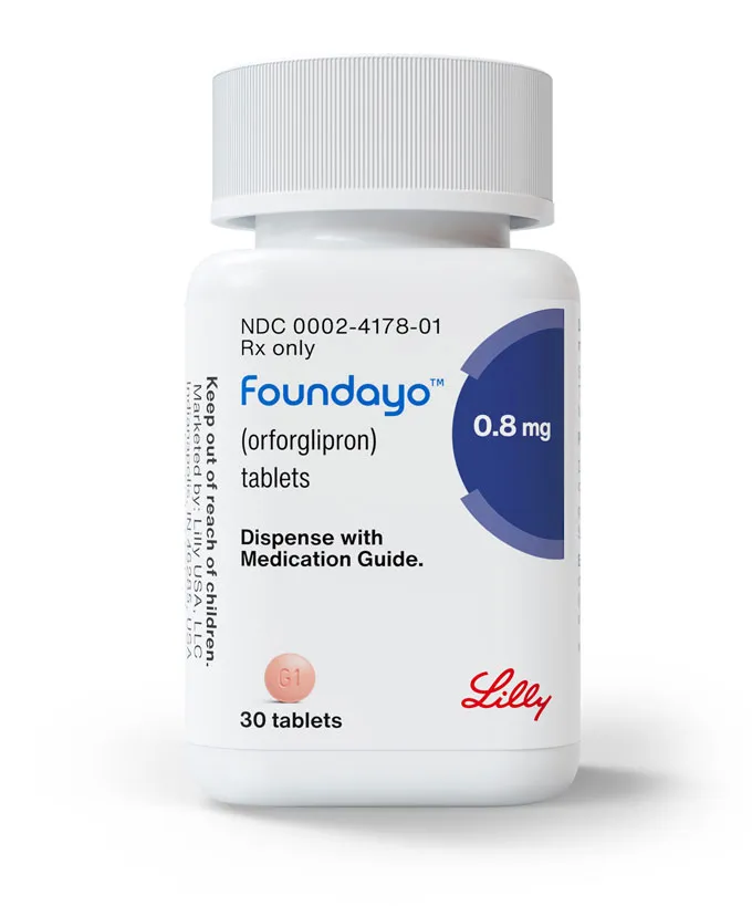A white bottle of Foundayo oral GLP-1 pills.