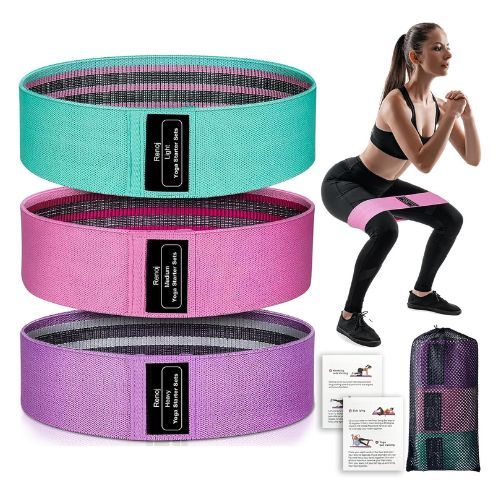 Three fabric loop resistance bands in neutral tones of gray and black.