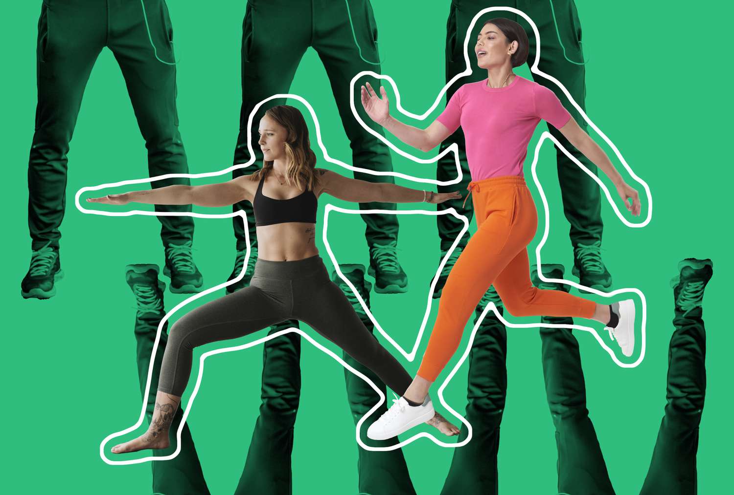 Two women in athletic apparel performing dynamic yoga and running movements side by side.