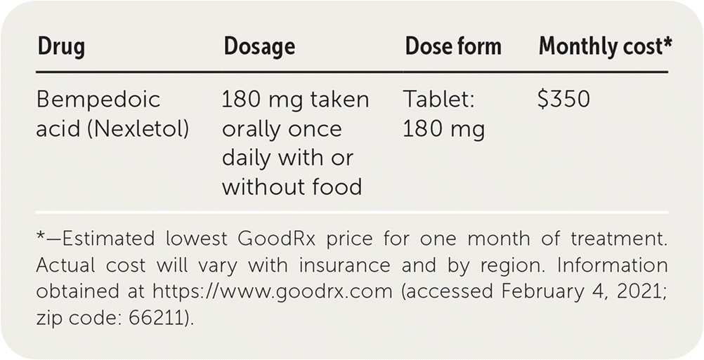 A data table summarizing the 180mg daily dosage, tablet form, and cost information for Nexletol.