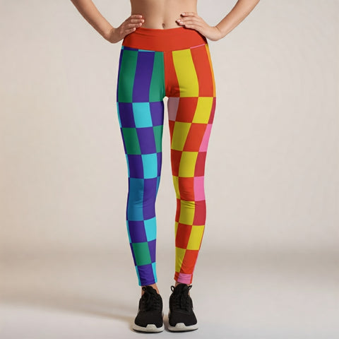 A variety of folded leggings in vibrant colors like orange, pink, and blue, prepared for testing.