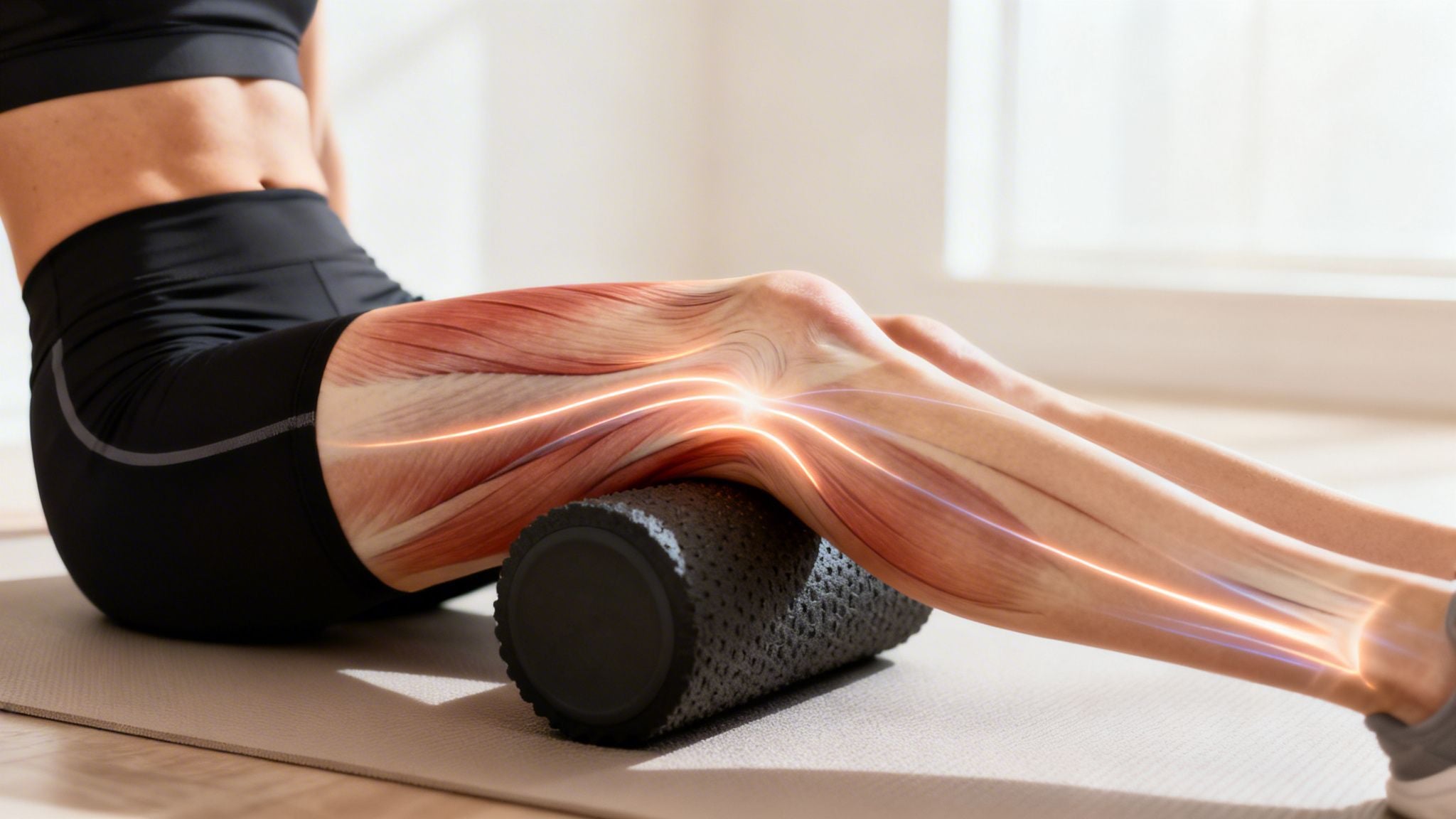 An illustration showing a person foam rolling their leg with an anatomical overlay highlighting muscle groups.