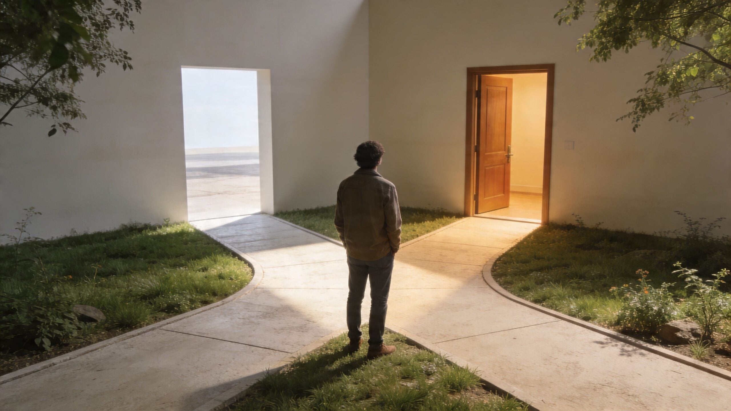 A man stands at a metaphorical crossroads between a doorway and a bright outdoor path, symbolizing choices in the recovery journey.