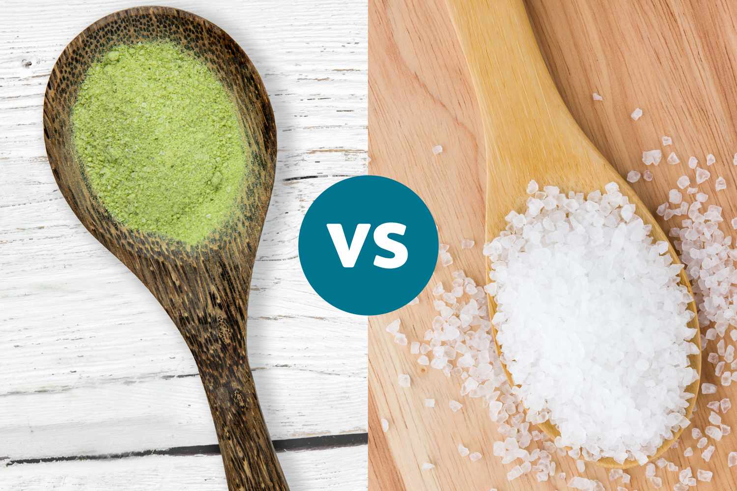 Two wooden spoons, one containing green salt powder and the other containing white coarse salt.