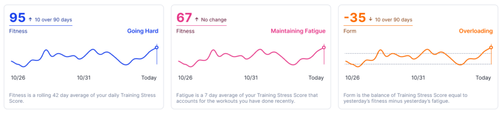 An analytics dashboard featuring charts that compare fitness levels against fatigue and form.