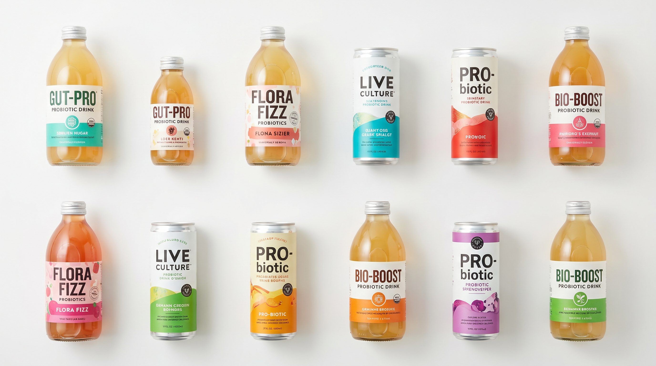 An assortment of various probiotic beverage brands and bottles displayed together.
