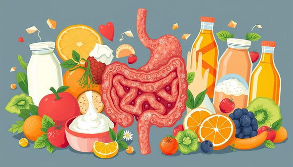 An illustration showing beneficial bacteria supporting a human digestive system.