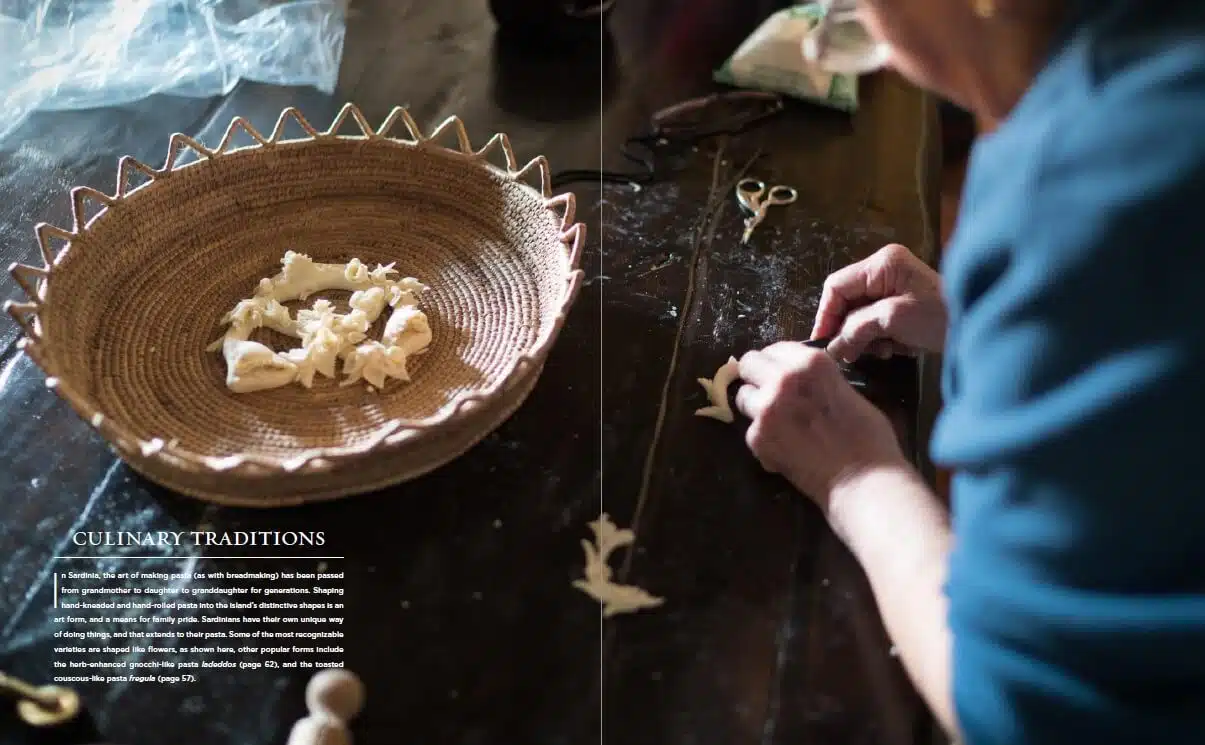 Book spread showcasing traditional Sardinian recipes and culinary traditions.