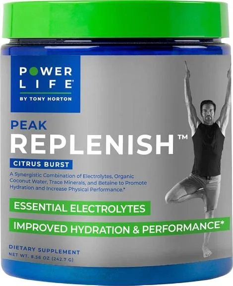 A container of Power Life Peak Replenish electrolyte drink mix.