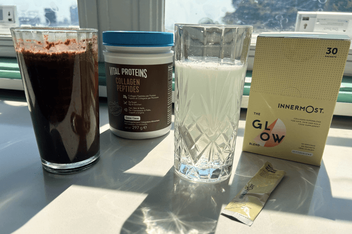 A lineup of various collagen powder brands being tested side-by-side.