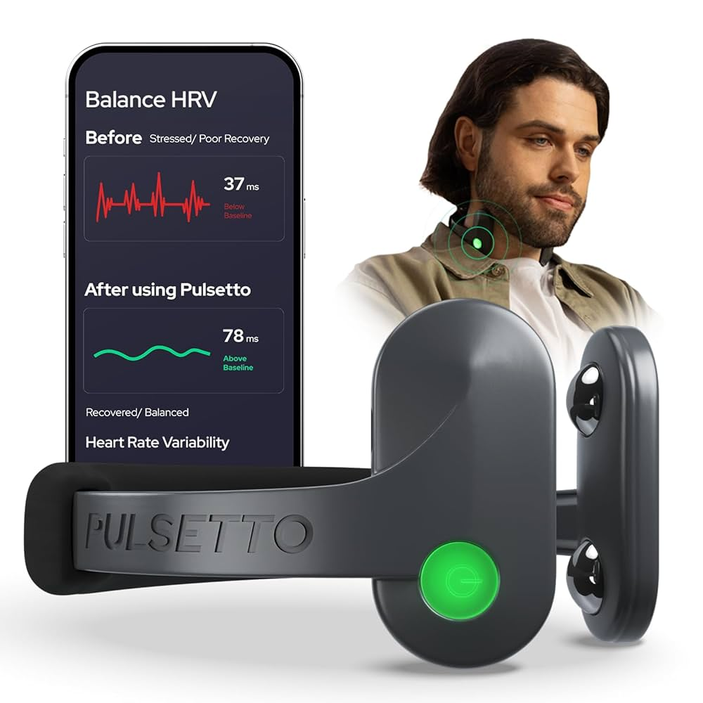 A person wearing a Pulsetto neck collar device designed for vagus nerve stimulation.