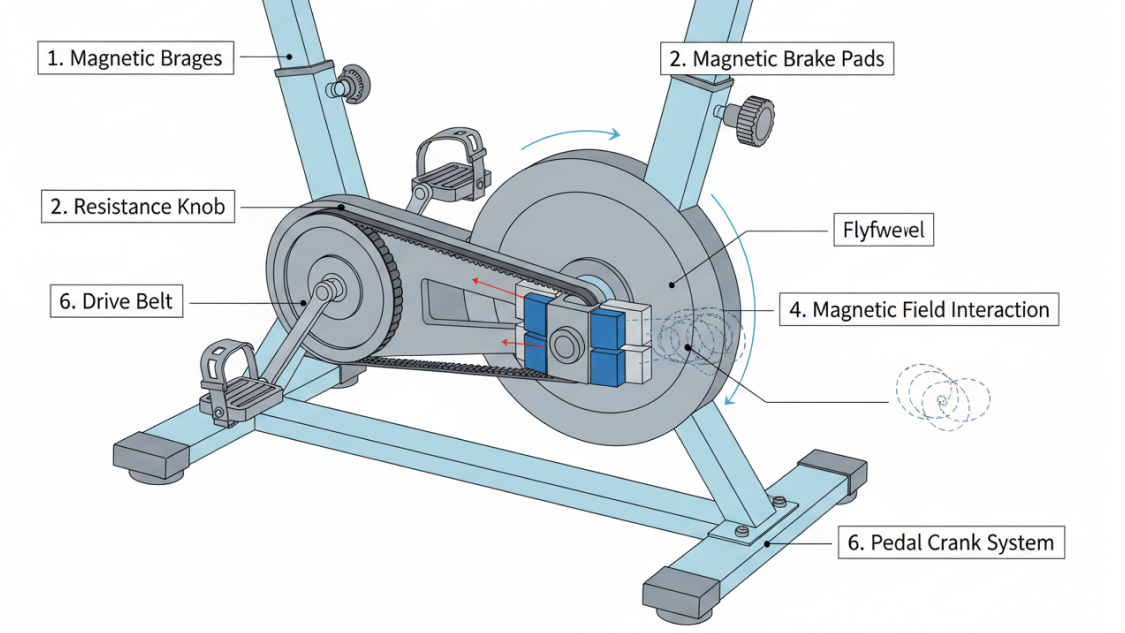 Diagram showing how magnets interact with a flywheel to create resistance without physical contact.