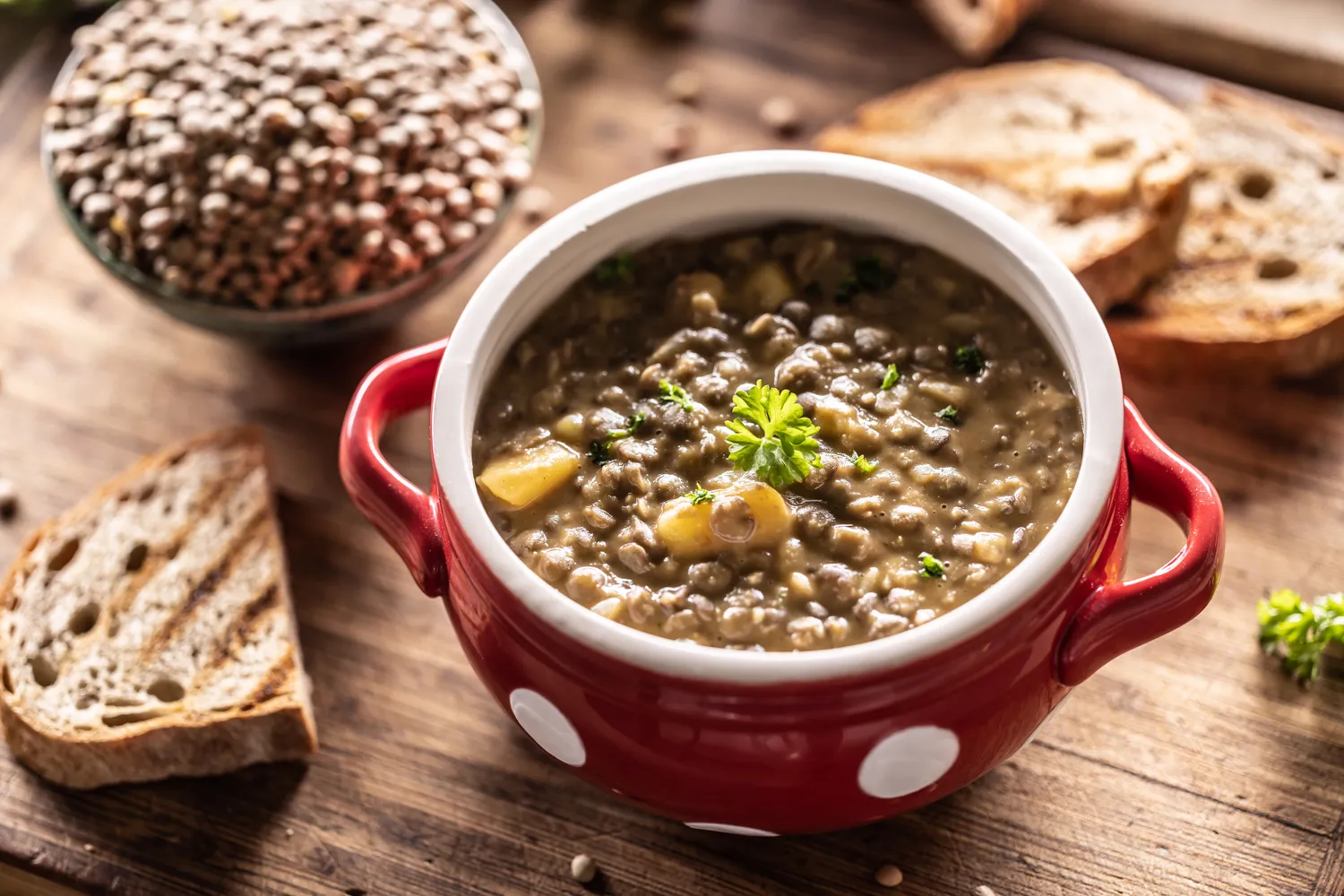 A bowl of hearty lentil soup.