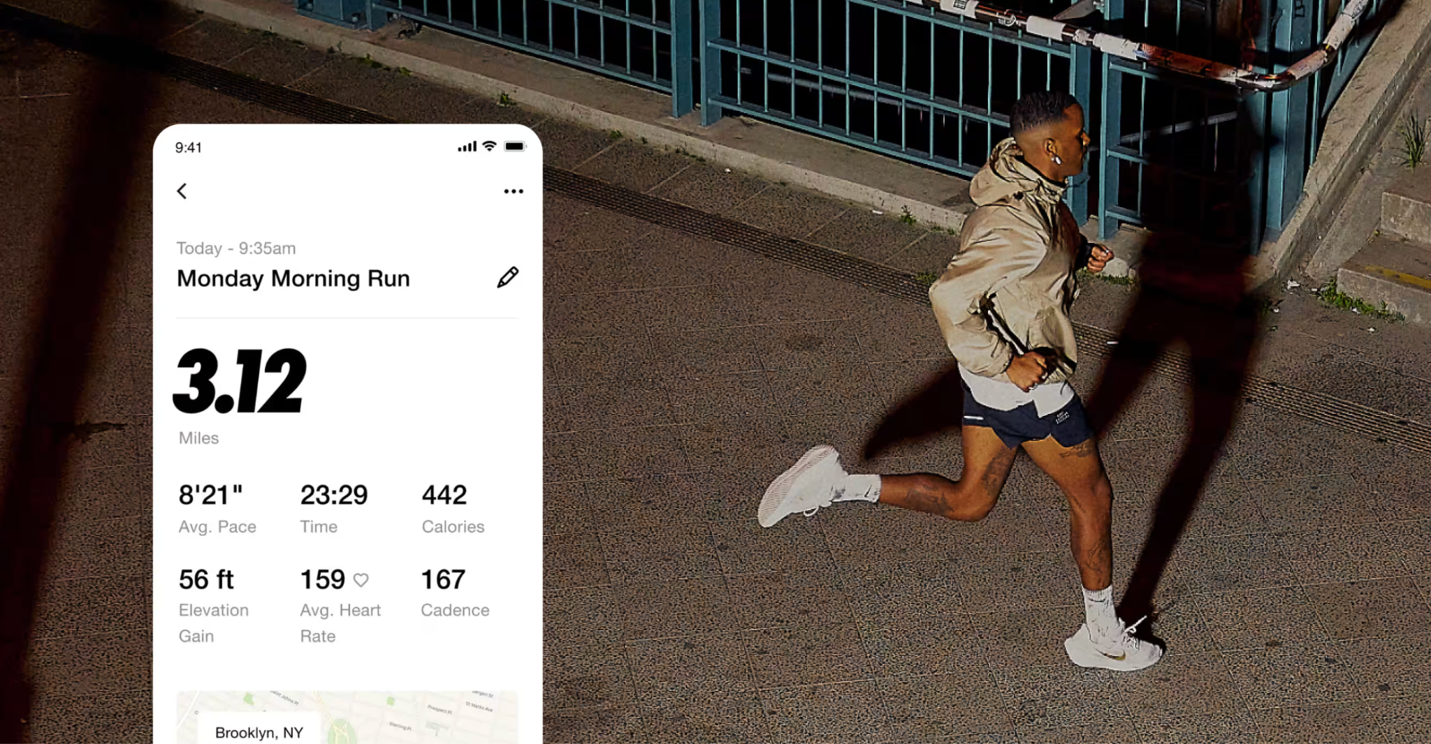 Nike Run Club app interface showing GPS tracking and run statistics.