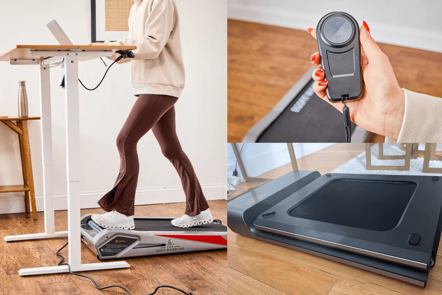 A woman using a remote control while walking on a treadmill under her desk.