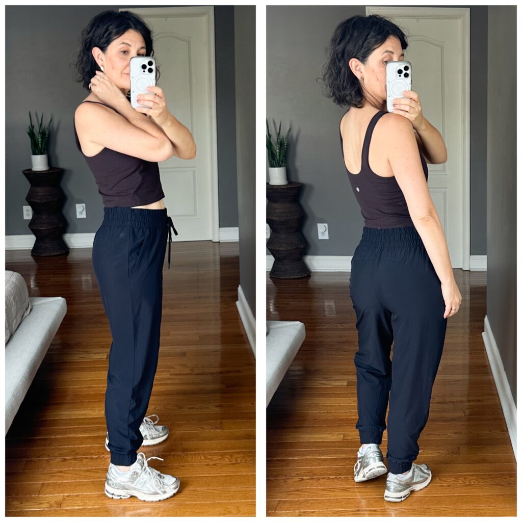 Side and back view of joggers focusing on the drawstring waist and fit details.