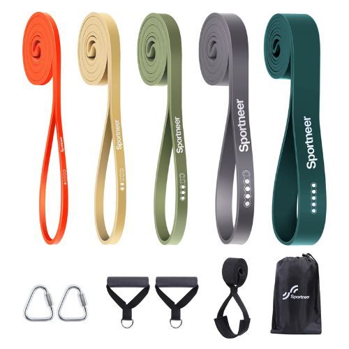 A set of tube resistance bands with detachable foam handles and a door anchor attachment.
