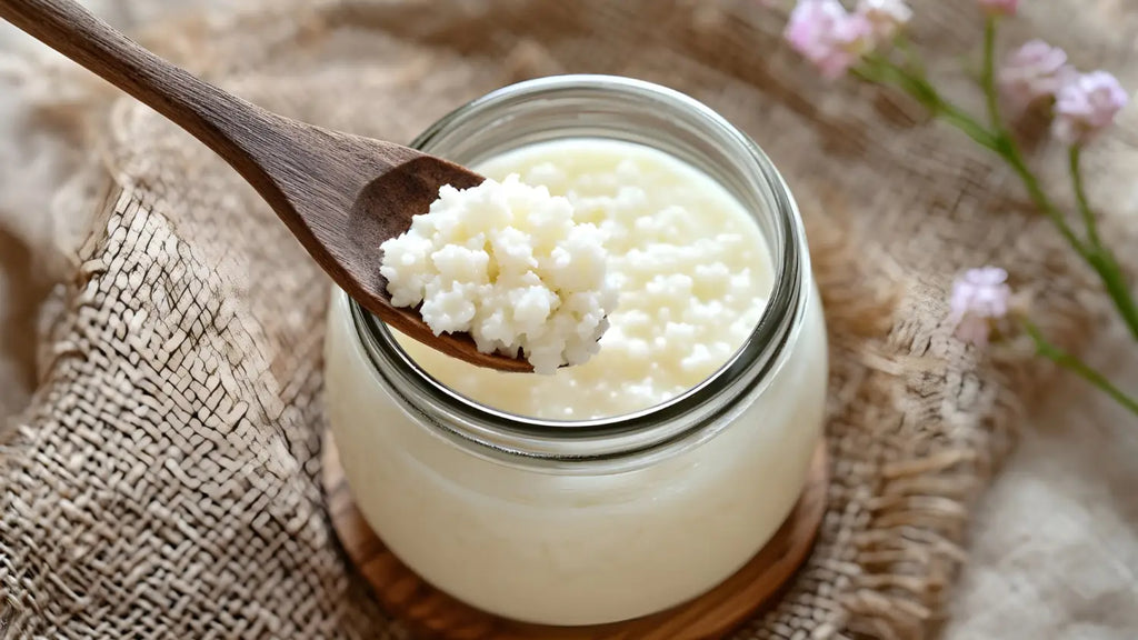 A glass of creamy white kefir served with a spoon, highlighting probiotic-rich nutrition.