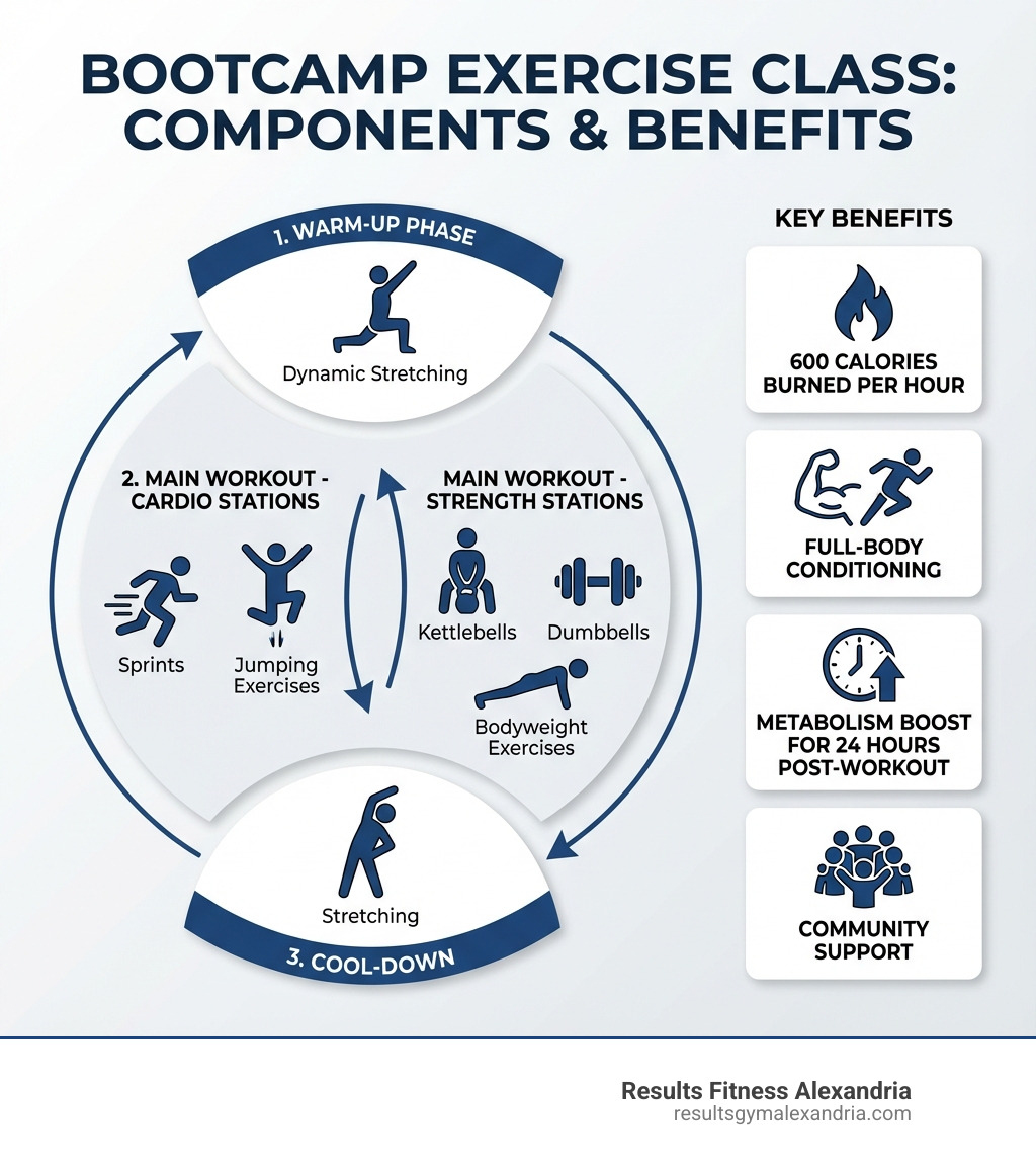 Infographic showing the breakdown of bootcamp workout phases including cardio and strength training.