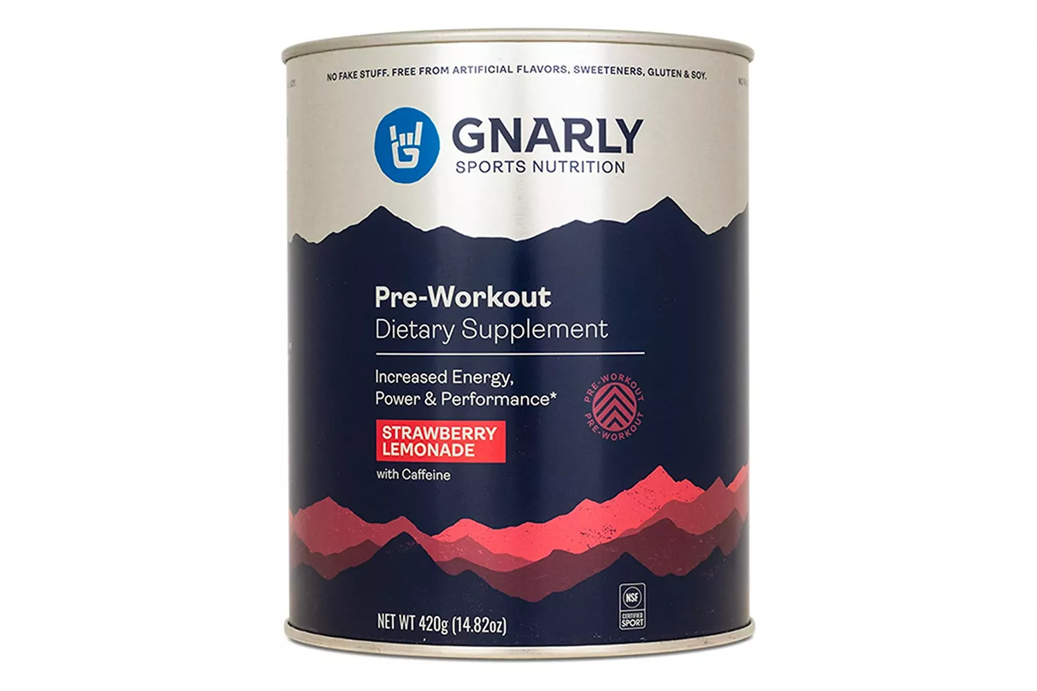 A container of Gnarly Sports Nutrition Pre-Workout with Strawberry Lemonade flavor and NSF certification label.