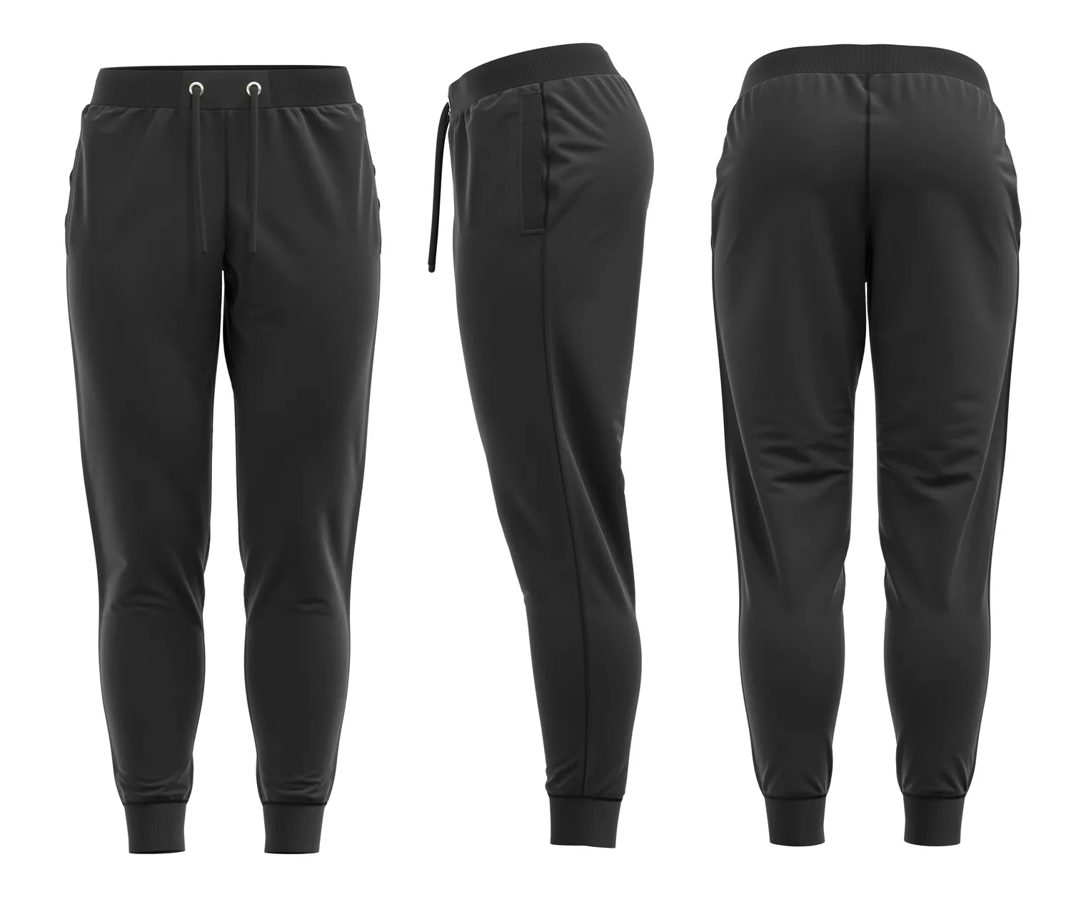 Three-view product display showing the front, side, and back of black tapered joggers.