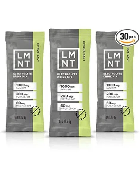 LMNT Electrolyte Drink Mix box and individual sticks in various flavors.