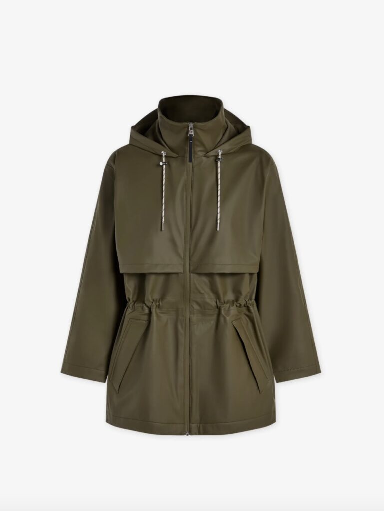A lightweight khaki rain jacket designed for outdoor fitness and layering.