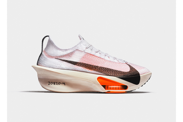 The Nike Alphafly 3 racing shoe featuring a carbon fiber plate and thick ZoomX foam.