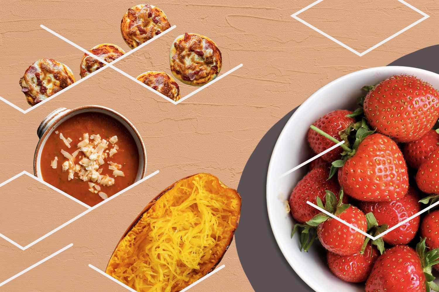 A collage showing a variety of healthy meals including roasted squash, tomato soup, and fresh fruit.