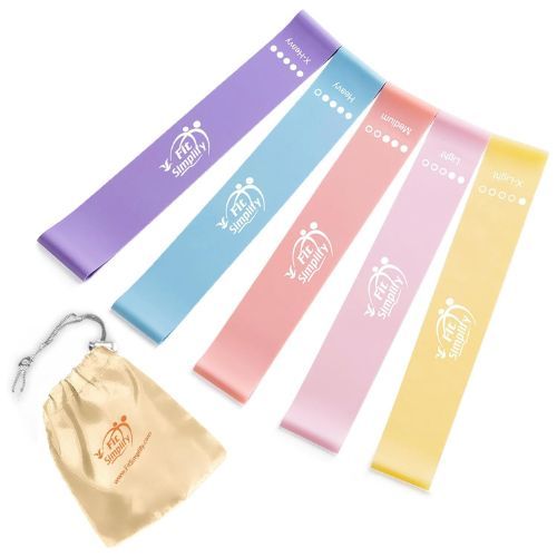 Five color-coded latex loop resistance bands ranging from light to heavy thickness.
