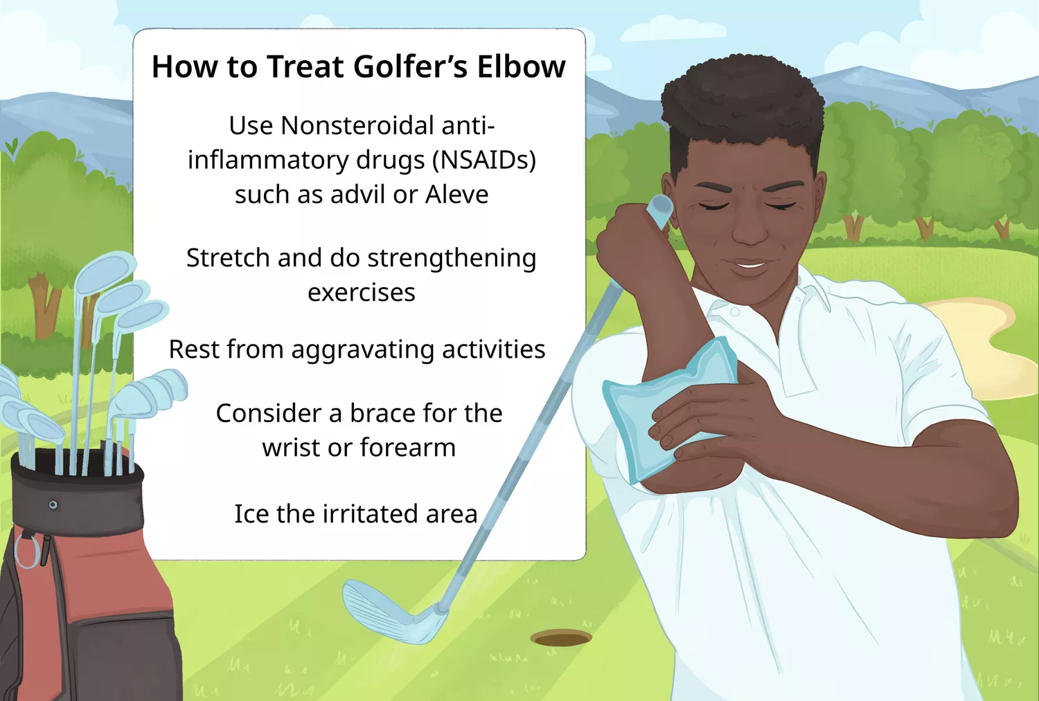 Illustration of medial epicondylitis exercises and treatments including ice therapy, bracing, and stretching.