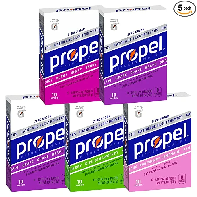 Propel Electrolyte Water packets and packaging box.
