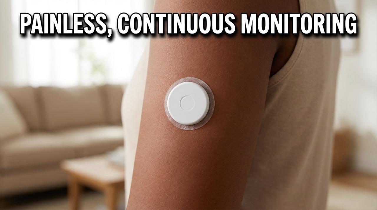 Macro close-up of a small white circular CGM sensor adhered to a person's upper arm.
