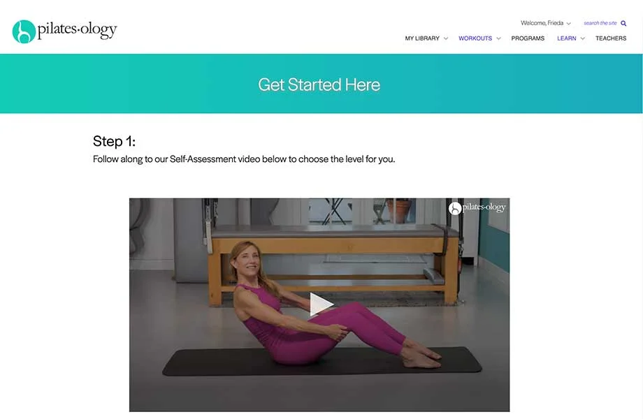 Interface of a Pilates app showing guided postnatal workout programs.