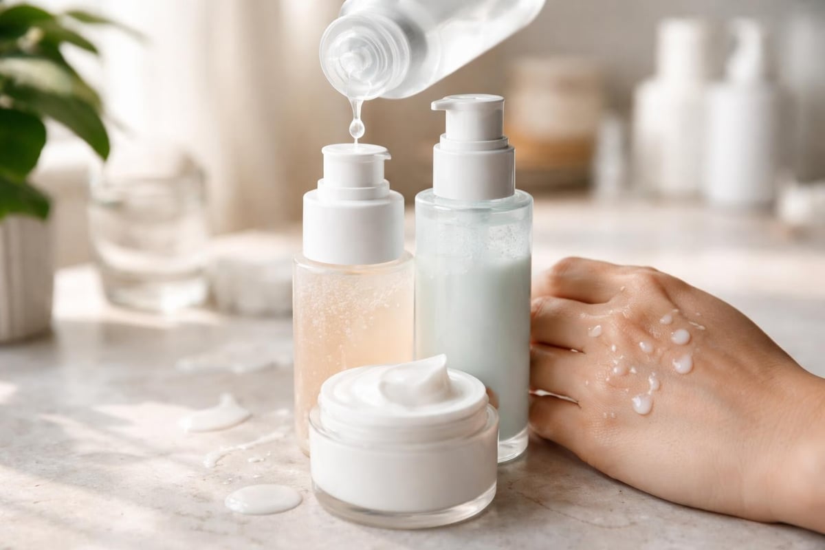 A hand applying layers of different skincare products onto a person's face.