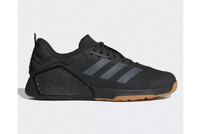 The Adidas Dropset training shoe highlighting its low-stack height and stable heel design.
