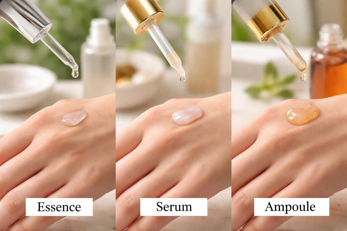 Close-up of a serum dropper being applied to healthy, glowing skin.