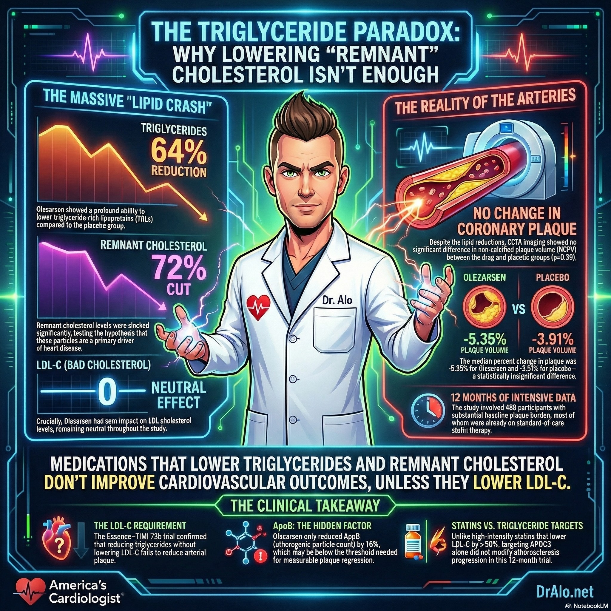 An educational infographic comparing the reduction of triglycerides to the volume of coronary plaque.
