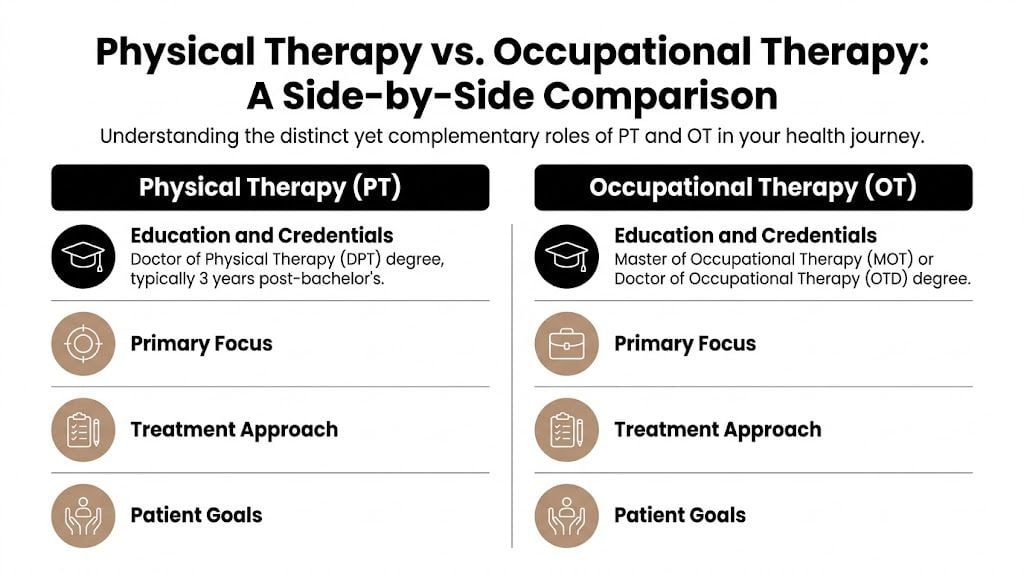 A detailed comparison chart listing the differences in focus and professional goals between physical therapy and occupational therapy.
