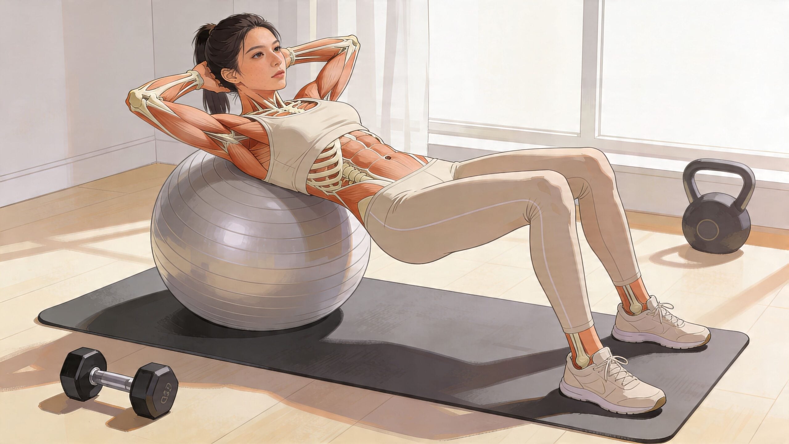 A woman on an exercise ball with an anatomical overlay of muscles and spine.