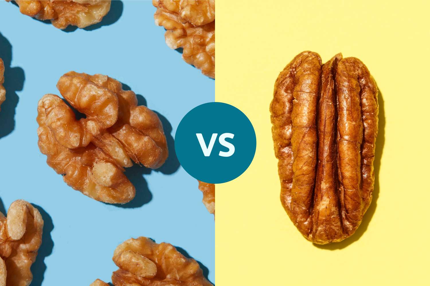 A comparison photo showing the distinct shapes and textures of pecans versus walnuts.