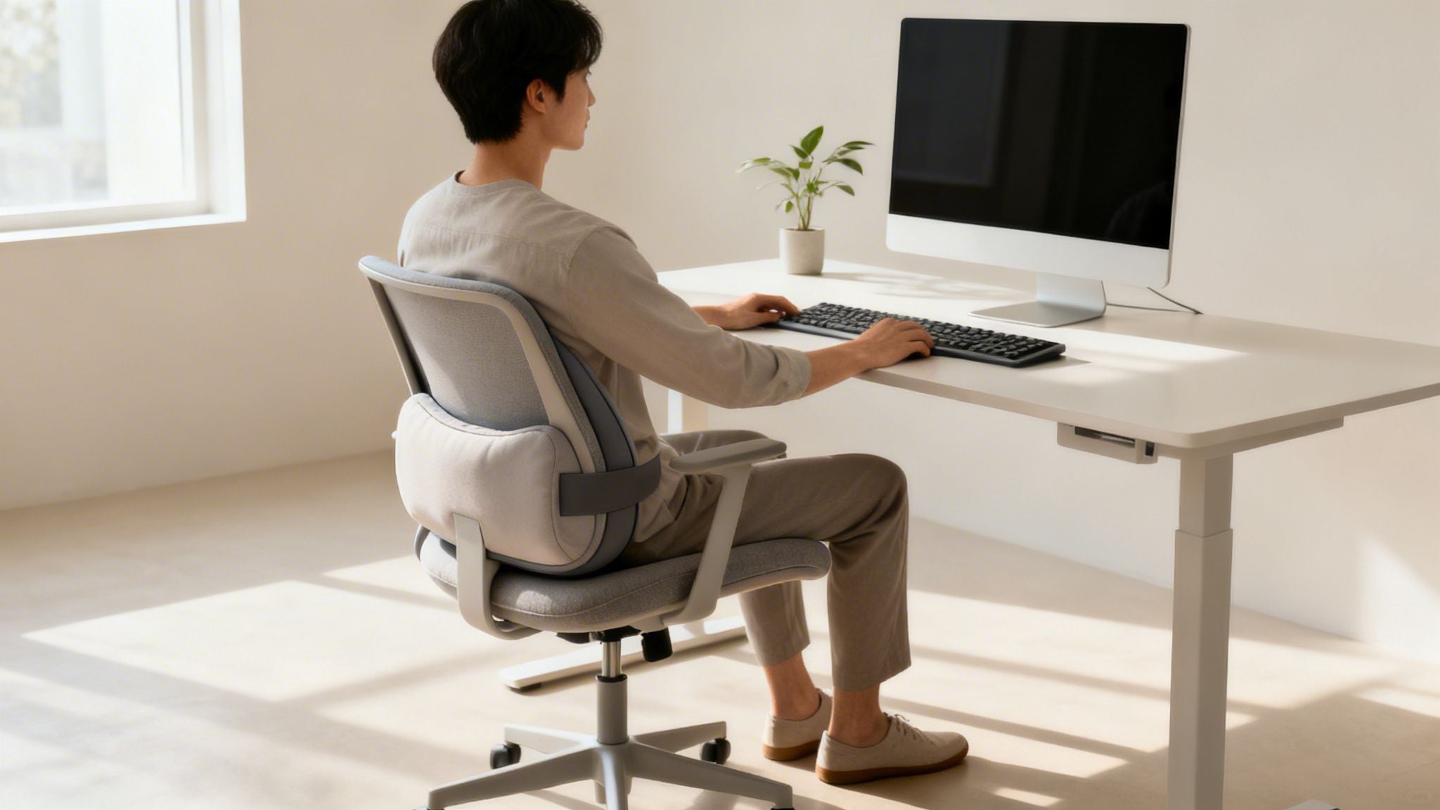 A man sitting at an ergonomic desk setup with a neutral spine and lumbar support.