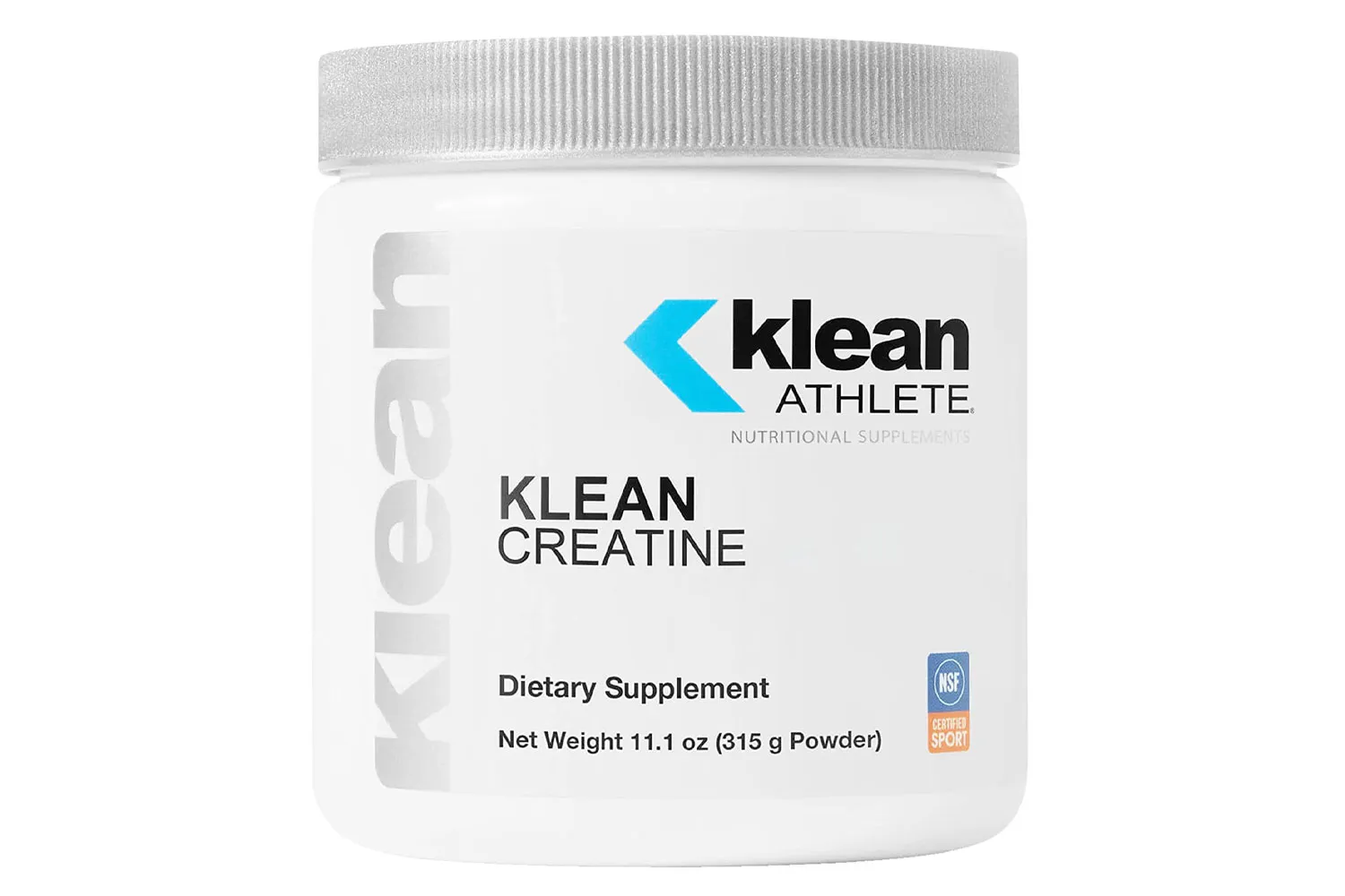 A white container of Klean Athlete Klean Creatine powder with the NSF Certified for Sport logo.