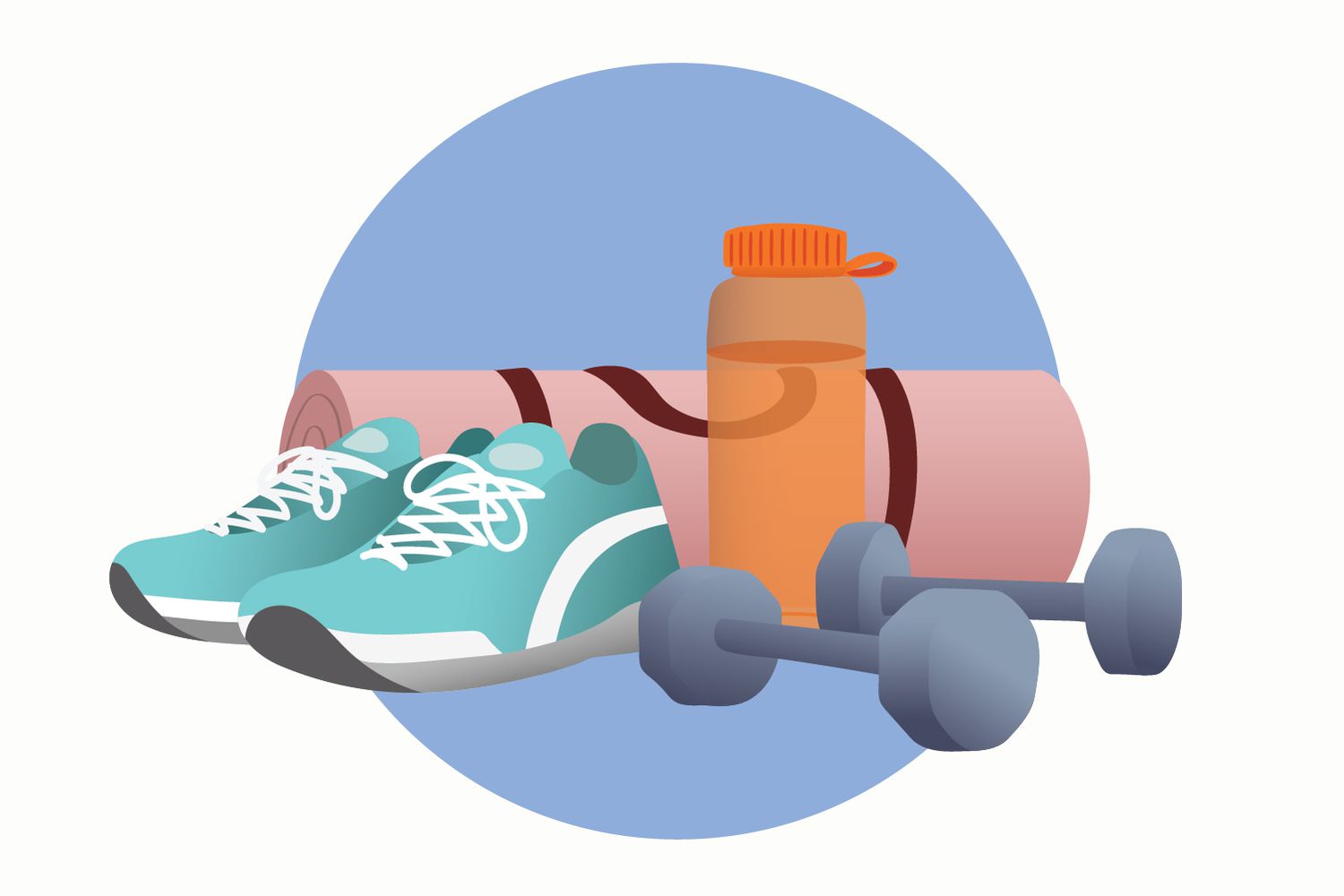 A collection of home fitness equipment including resistance bands, small hand weights, and a yoga mat on a clean floor.