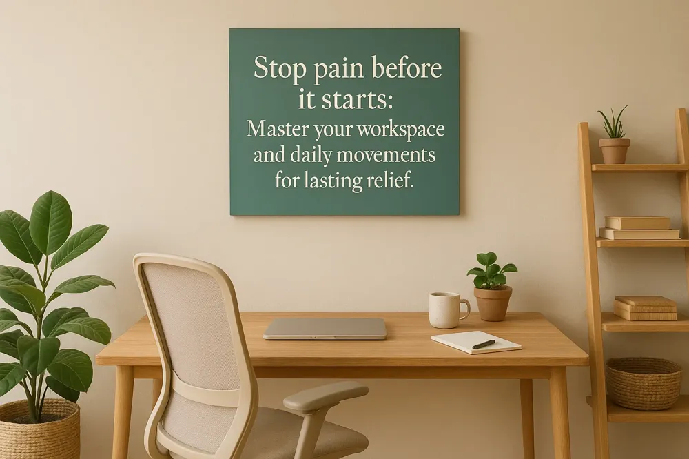 Digital illustration showing a person sitting with correct posture at an ergonomic desk with lumbar support.