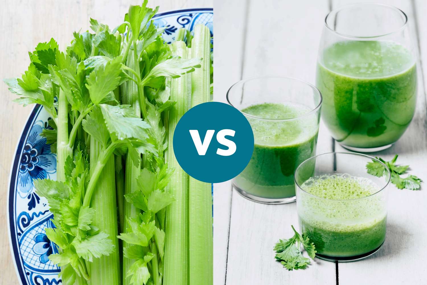 Comparison of whole celery and celery juice with a blue vs symbol in the center