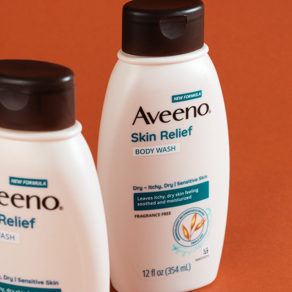Two bottles of Aveeno Skin Relief Body Wash.