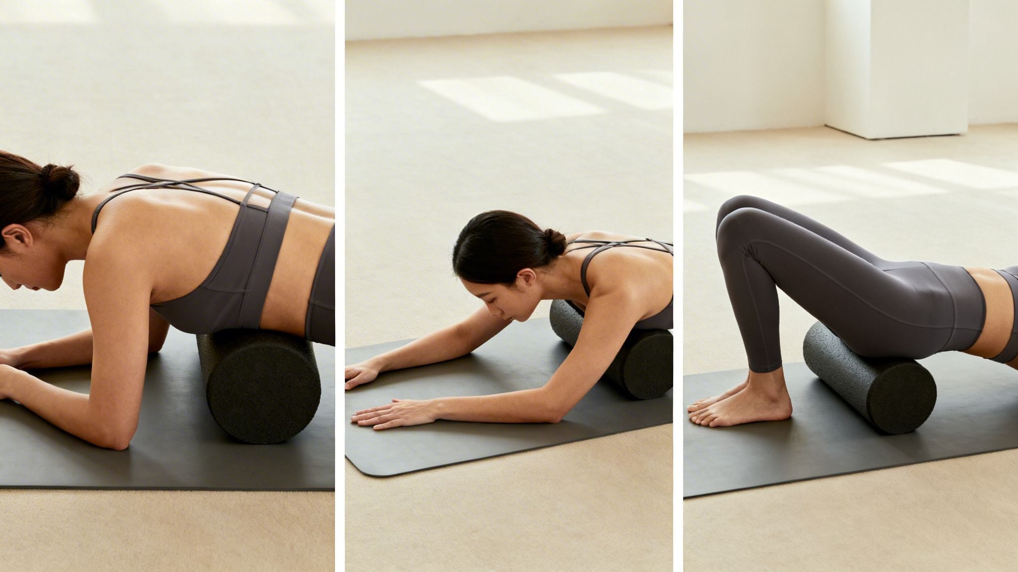 A woman demonstrating various foam rolling positions for the back, lats, and glutes on a mat.